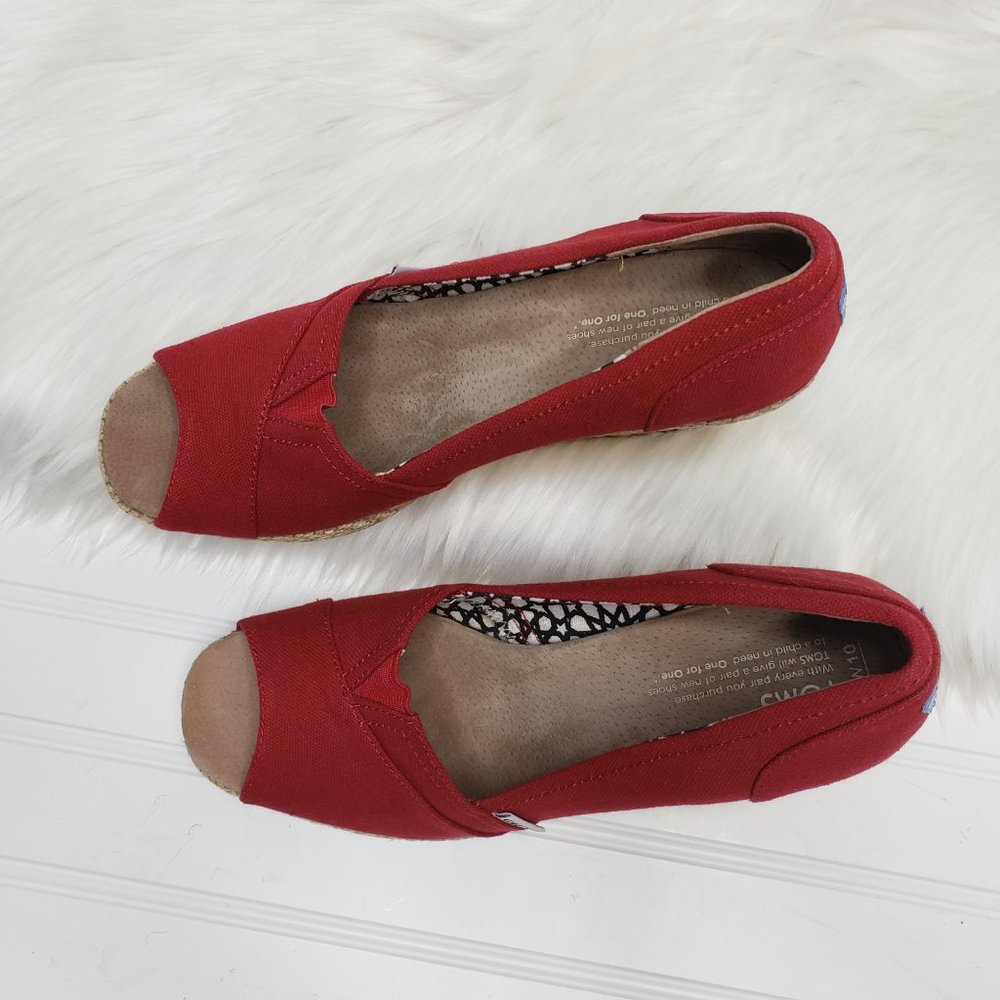 TOMS Women's Classic Espadrille Wedge Sandal Red Scattered Woven Open Toe Sz 10 - Picture 2 of 8